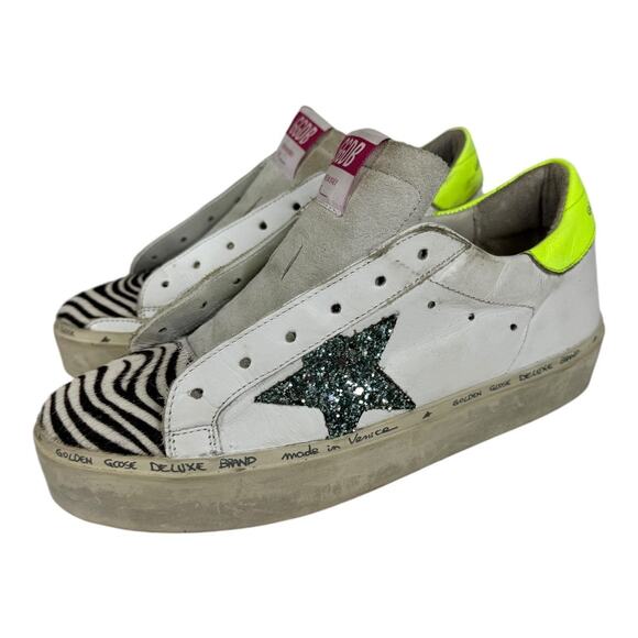 Golden Goose GGDB Hi Star Sneakers 37 7 Zebra Glitter Star Platform Distressed - Picture 1 of 14